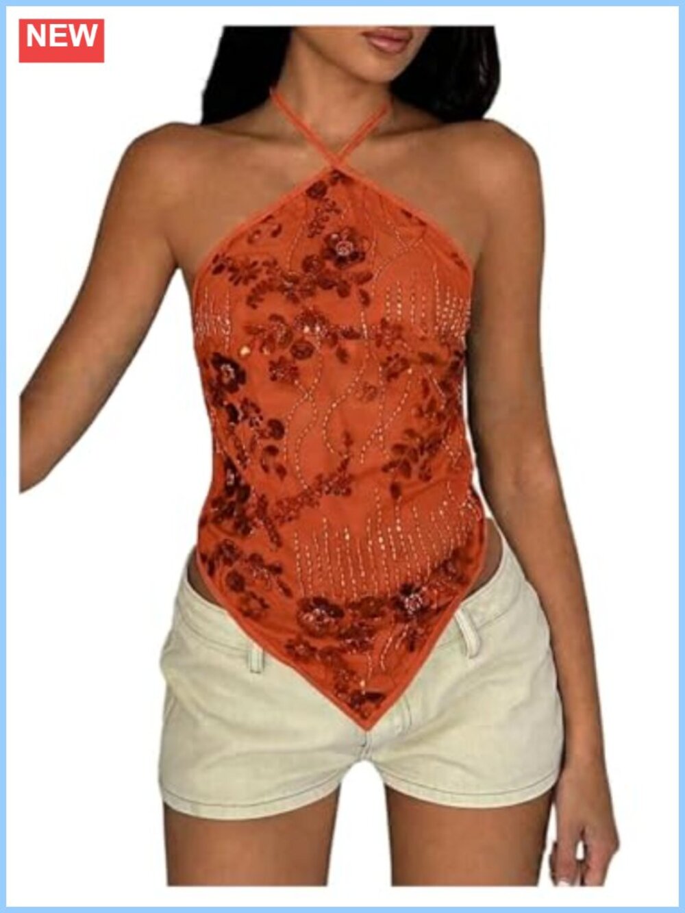 Sequin Sparkly Tie Backless Asymmetrical Halter Top